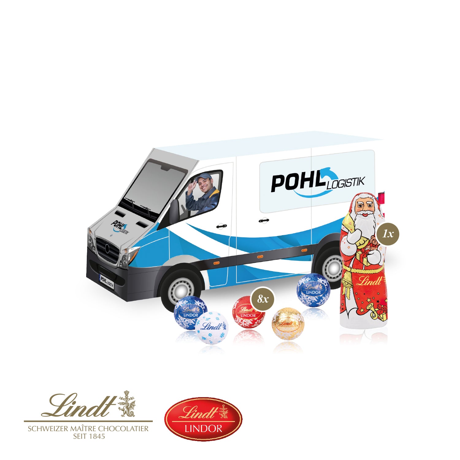 3D-Präsent Transporter mit Lindt Minis und Nikolaus – Produktansicht