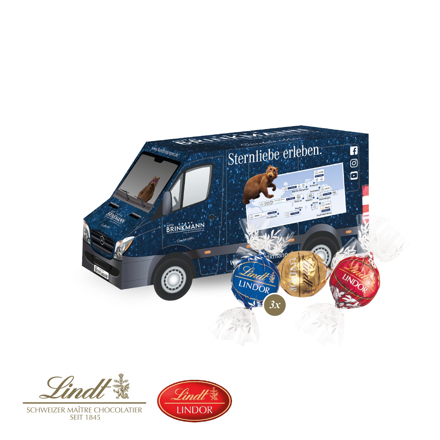 3D-Präsent Transporter mit Lindor Pralinés – Produktansicht