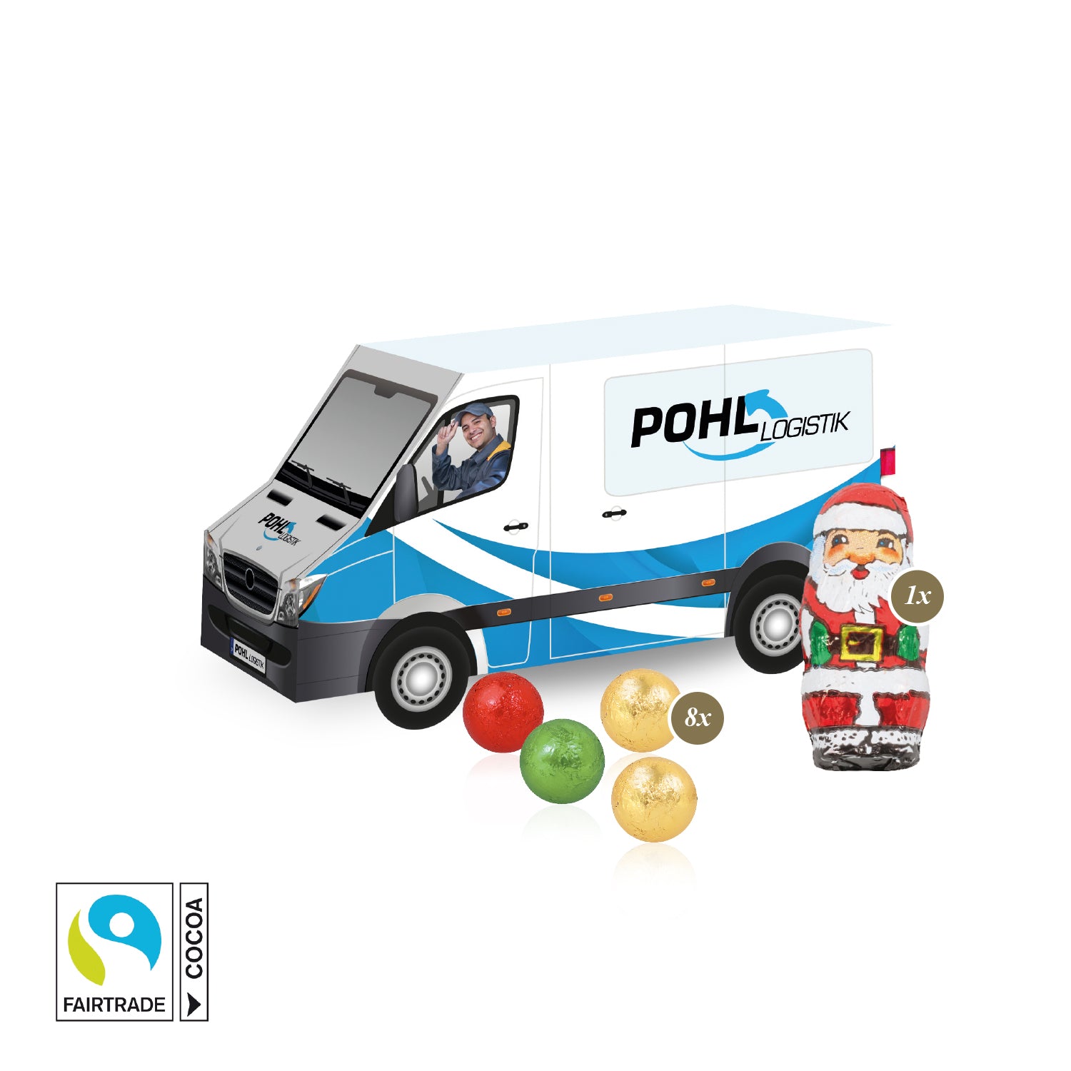 3D-Präsent Transporter mit Fairtrade® Schokolade – Produktansicht