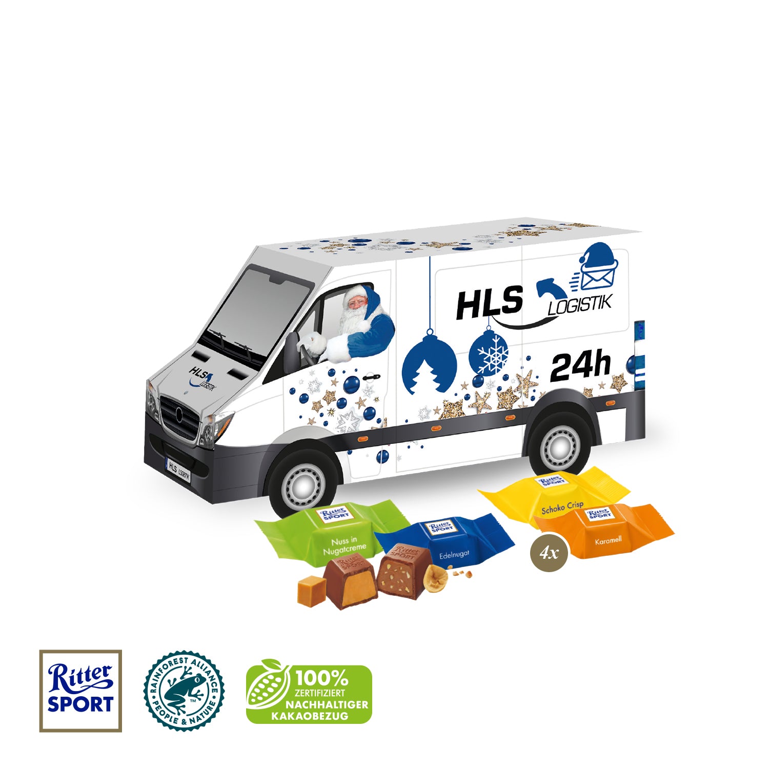 3D-Präsent Transporter mit Ritter SPORT Schokowürfeln – Produktansicht