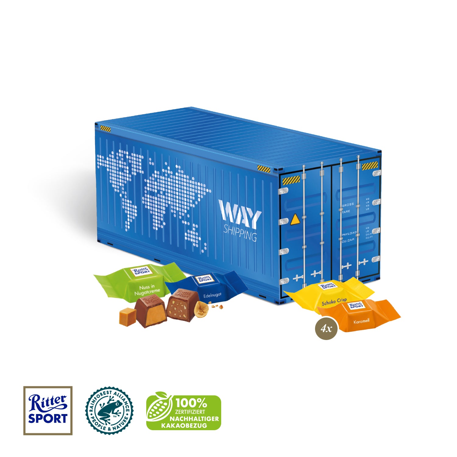 3D-Präsent Container mit Ritter SPORT Schokowürfeln – Produktansicht