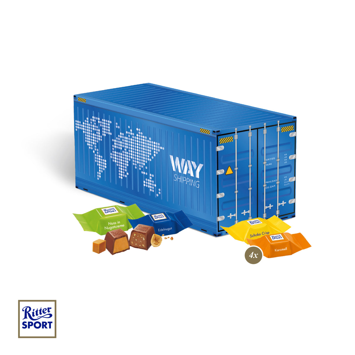 3D-Präsent Container mit Ritter SPORT Schokowürfeln