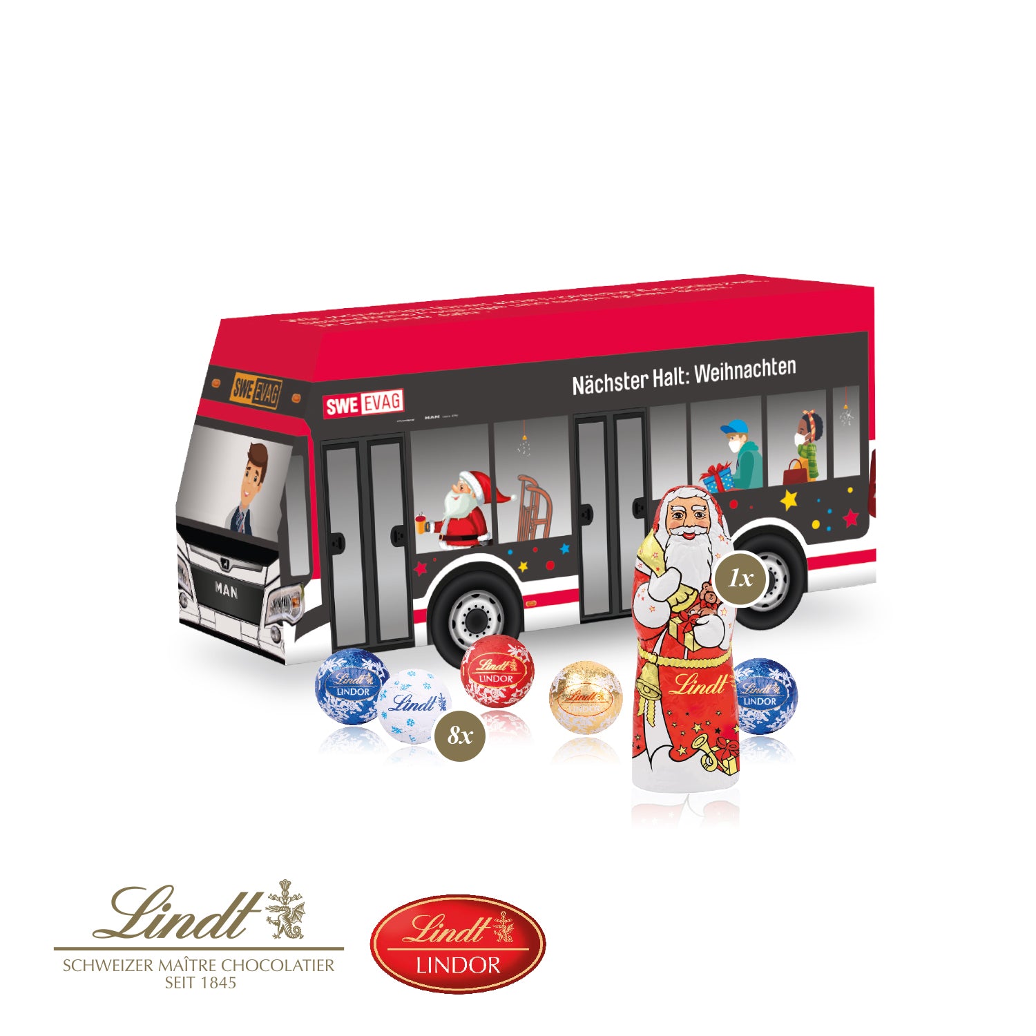 3D-Präsent Bus mit Lindt Minis und Nikolaus – Produktansicht