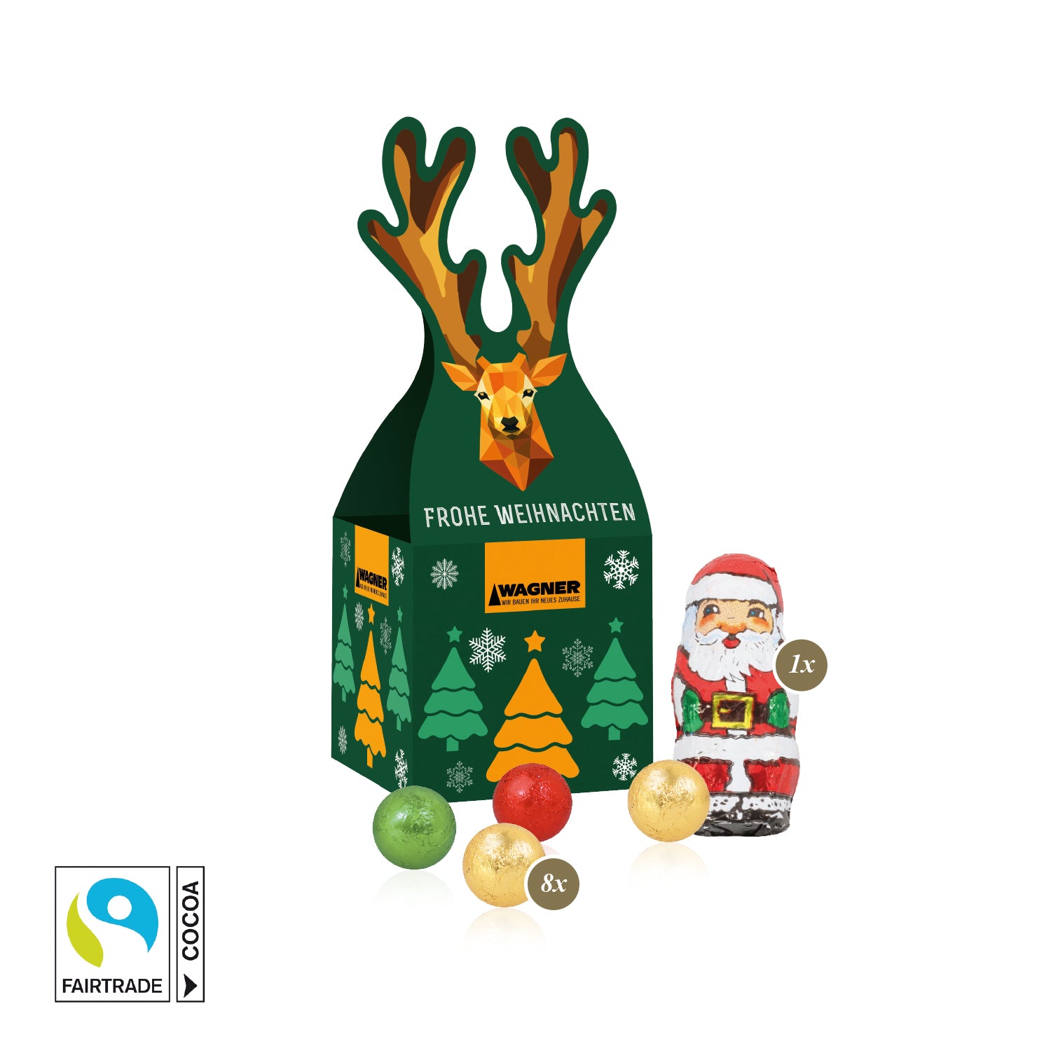 3D-Präsent Rentier mit Fairtrade® Schokolade – Produktansicht