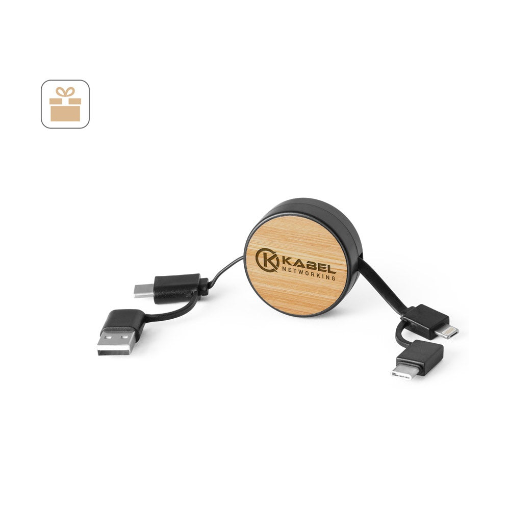 RUBINS. 6-in-1-USB-Kabel ausziehbar aus Recyceltes ABS (100% rABS) und Bambus