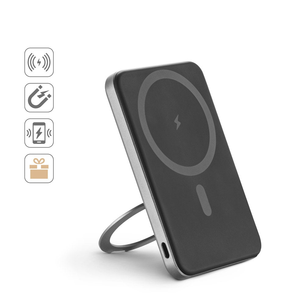 WARSHEL 5. Magnetische Powerbank mit 5'000 mAh und superschnellem kabellosem Ladegerät (15 W) aus recyceltem ABS (100% rABS) mit Ständer