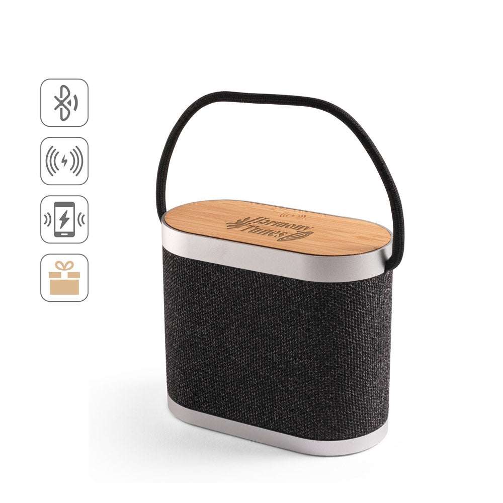 GUETTA. Tragbarer 5W-Lautsprecher mit superschnellem kabellosem 15W-Ladegerät und 2h Akkulaufzeit aus Bambus und Recyceltes PET (100% rPET)