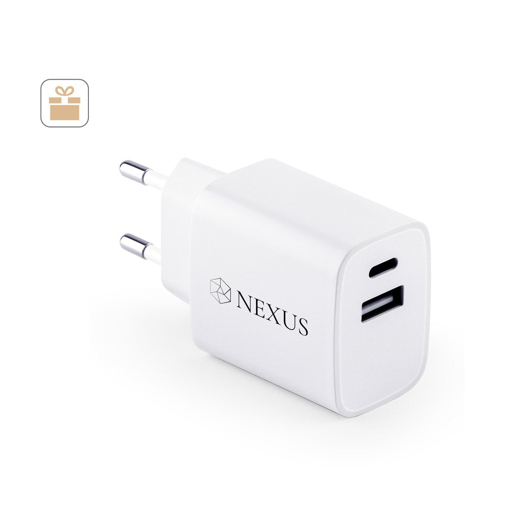 WEGENER. Ladegerät mit USB-A Anschluss 18W und USB-C 20W in Recyceltes ABS (100% rABS)