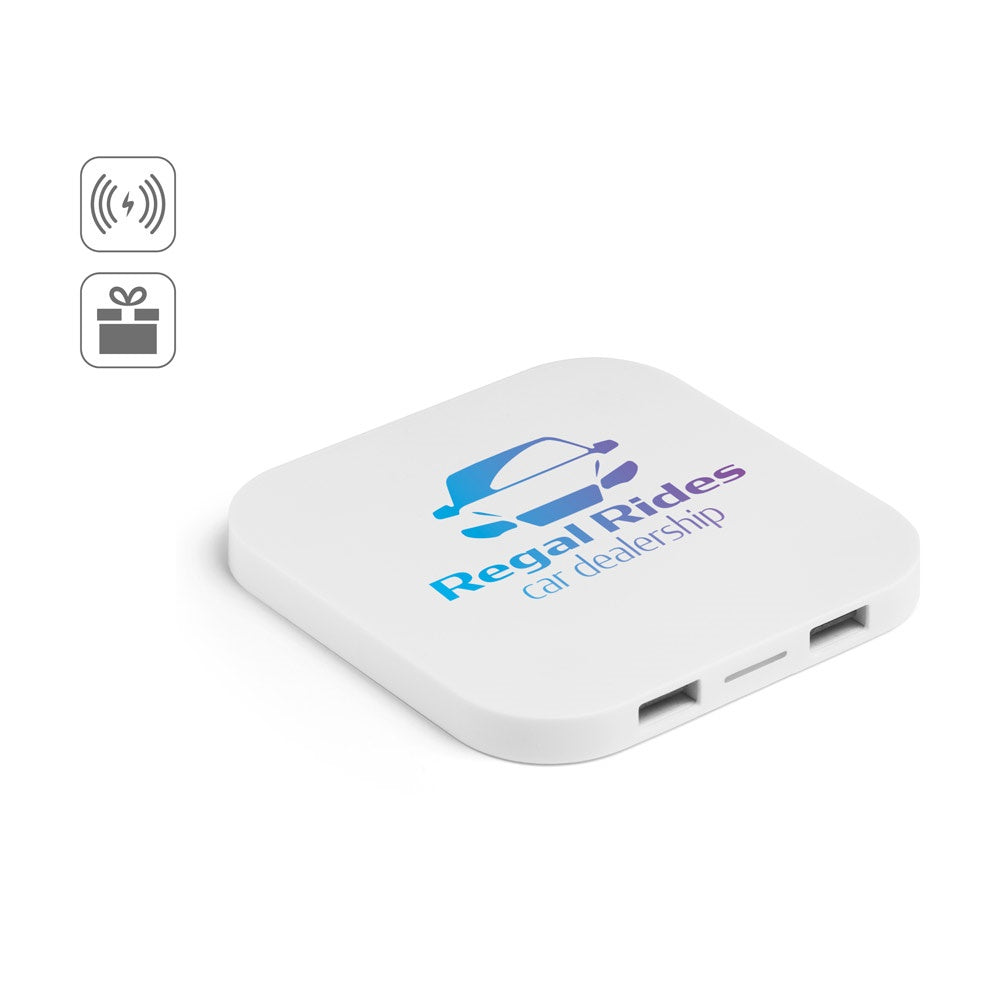 CAROLINE. Superschnelles 15W wireless Ladegerät mit HUB 2 USB-A Anschlüssen aus Recyceltes ABS (60% rABS)