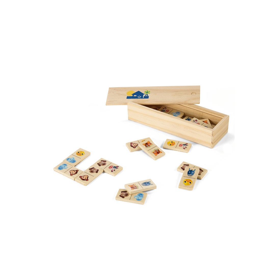 DOMIN. Domino-Spiel aus Holz mit 28 Tierfiguren