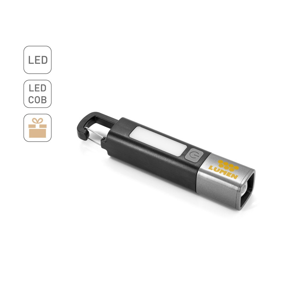 WIGGINS. ABS-Taschenlampe mit einer 2-W-LED-Leuchte (53 Lumen) an der Vorderseite und einer COB-Leuchte (53 Lumen) an der Oberseite