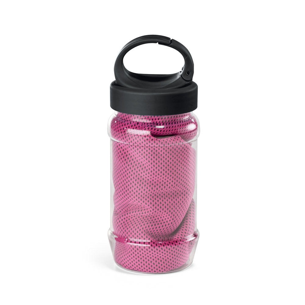 ARTX PLUS. Sporthandtuch aus Polyamid und Polyester mit Flasche (440 mL) aus PP und PET und einem integrierten Karabinerhaken am Deckel – zusätzliche Ansicht
