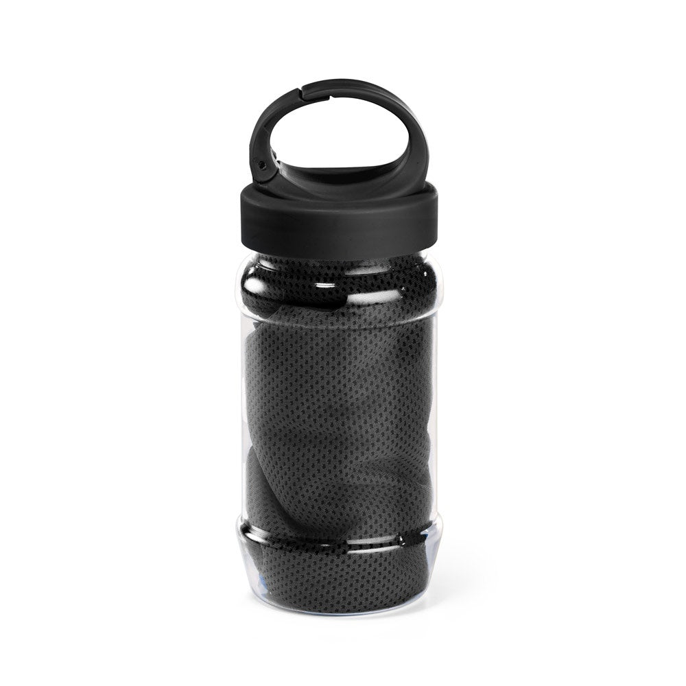 ARTX PLUS. Sporthandtuch aus Polyamid und Polyester mit Flasche (440 mL) aus PP und PET und einem integrierten Karabinerhaken am Deckel