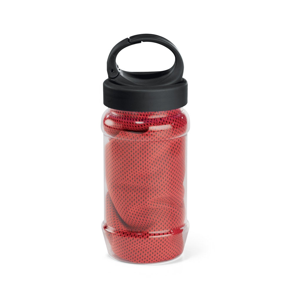 ARTX PLUS. Sporthandtuch aus Polyamid und Polyester mit Flasche (440 mL) aus PP und PET und einem integrierten Karabinerhaken am Deckel