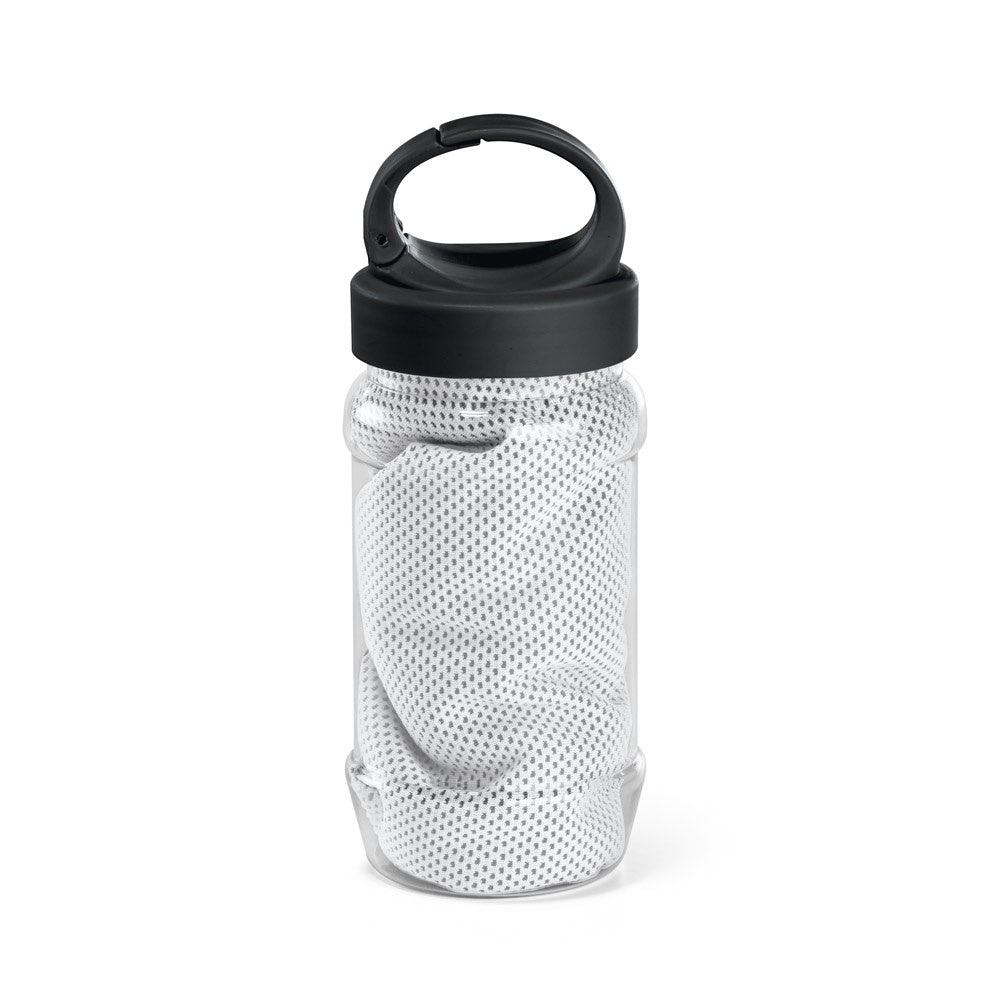 ARTX PLUS. Sporthandtuch aus Polyamid und Polyester mit Flasche (440 mL) aus PP und PET und einem integrierten Karabinerhaken am Deckel
