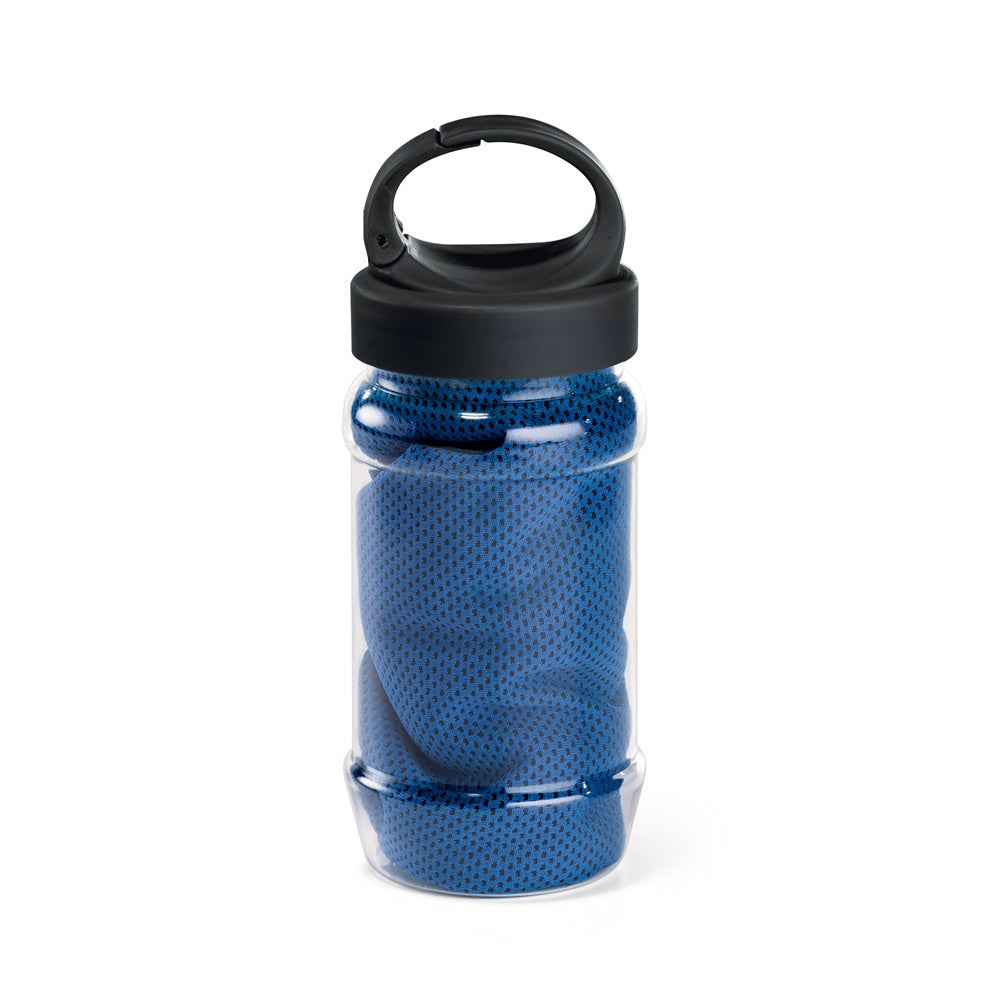 ARTX PLUS. Sporthandtuch aus Polyamid und Polyester mit Flasche (440 mL) aus PP und PET und einem integrierten Karabinerhaken am Deckel