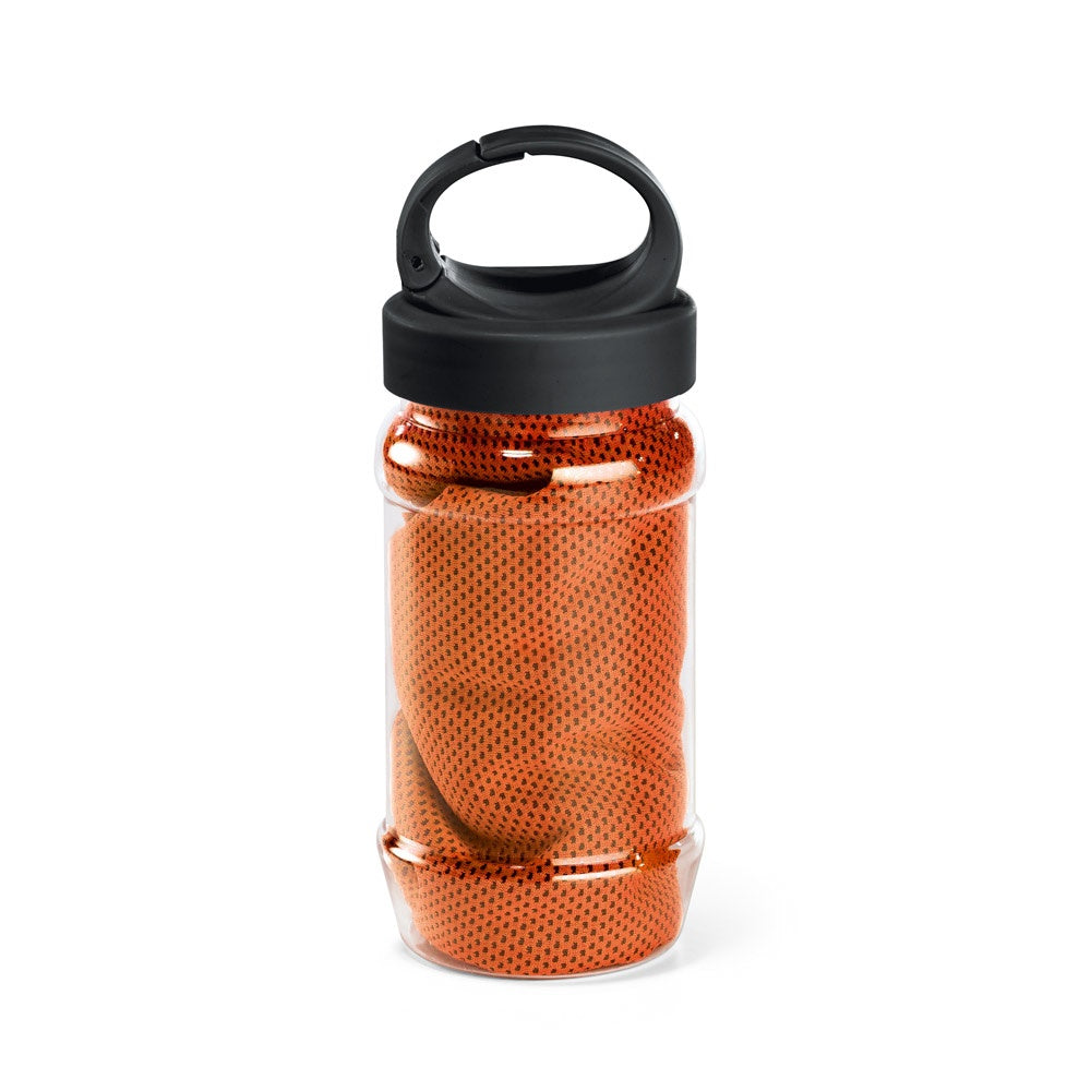ARTX PLUS. Sporthandtuch aus Polyamid und Polyester mit Flasche (440 mL) aus PP und PET und einem integrierten Karabinerhaken am Deckel