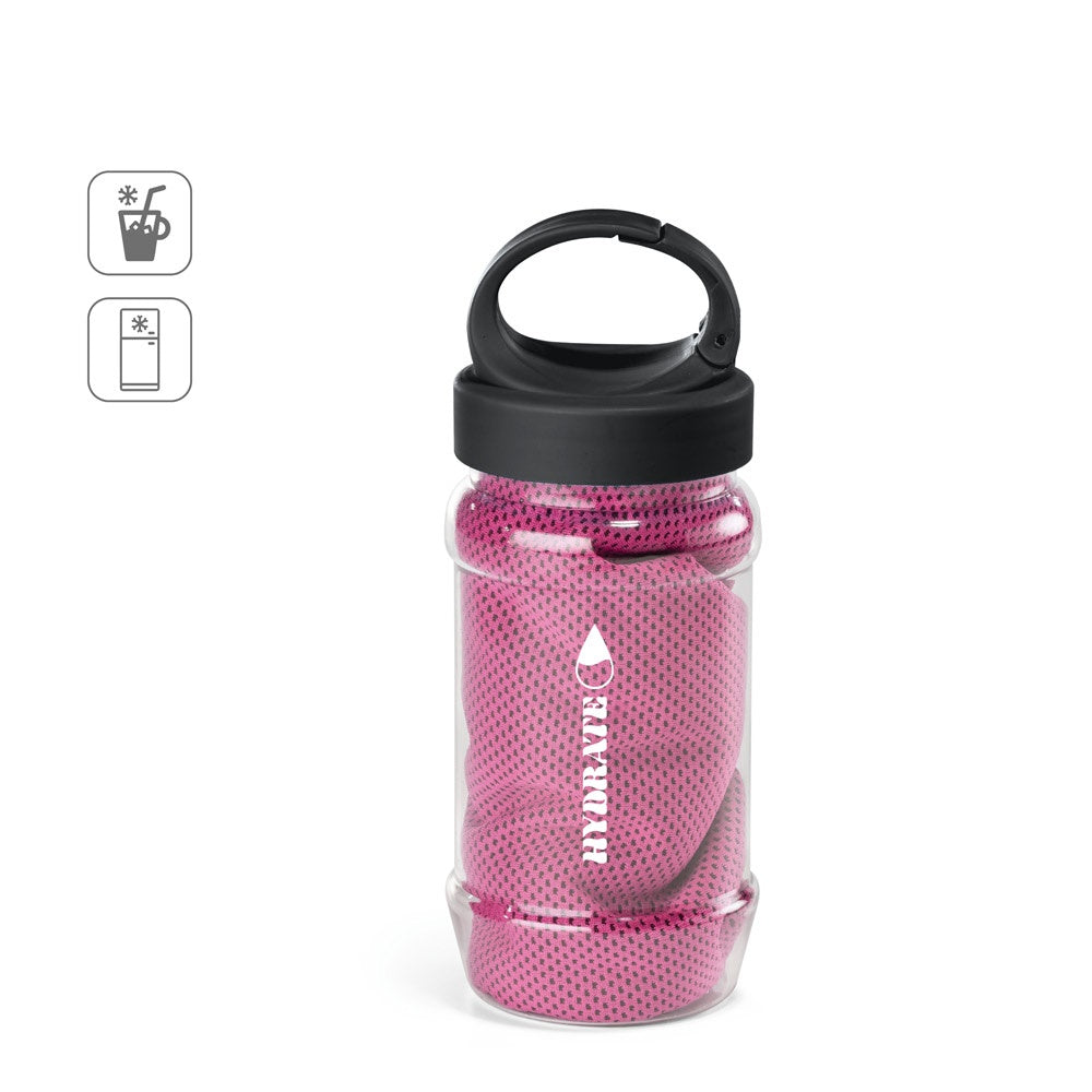 ARTX PLUS. Sporthandtuch aus Polyamid und Polyester mit Flasche (440 mL) aus PP und PET und einem integrierten Karabinerhaken am Deckel