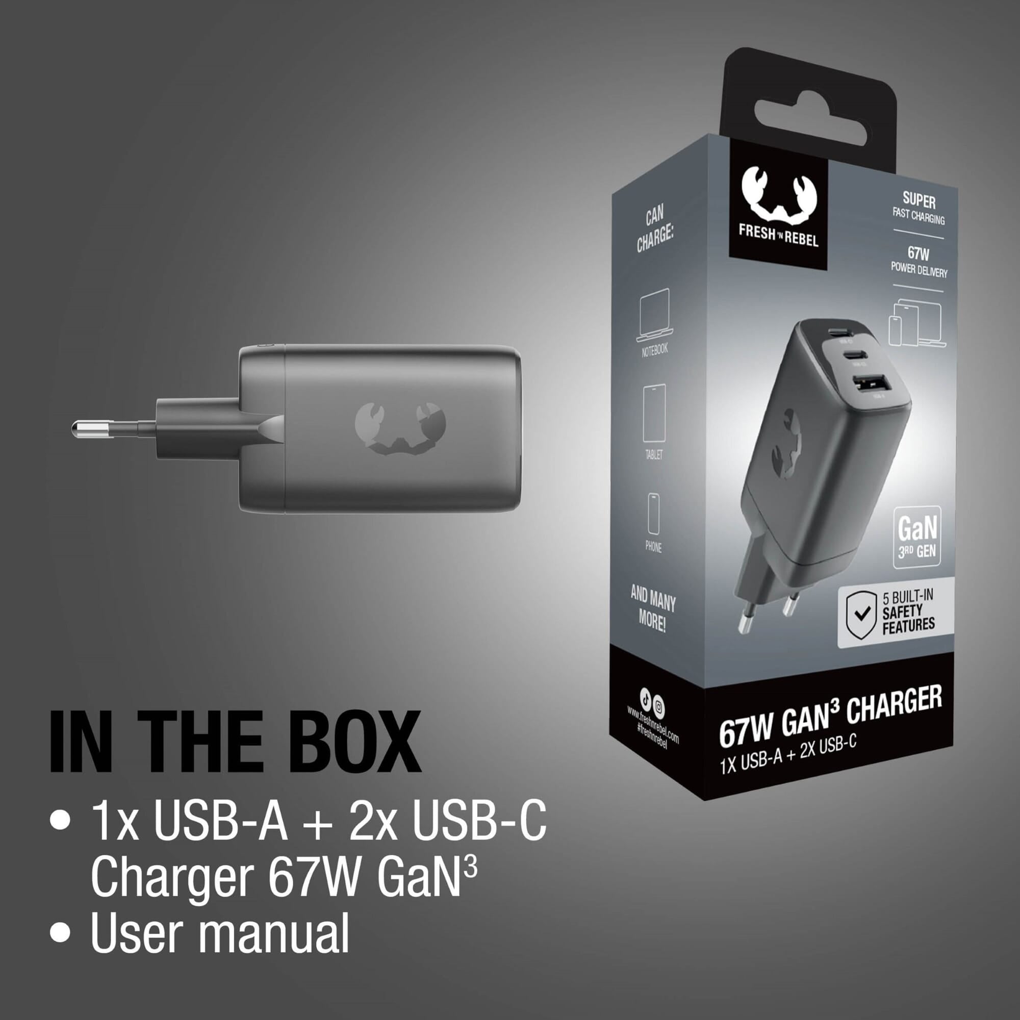Fresh 'n Rebel 67W Laptop-Ladegerät GaN USB-C und USB-A