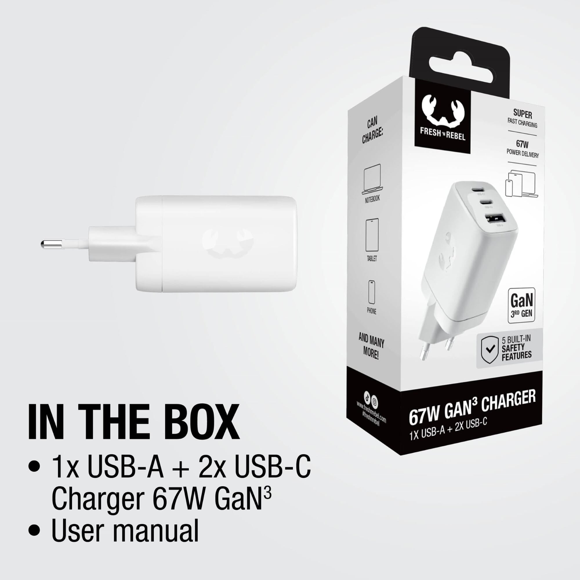 Fresh 'n Rebel 67W Laptop-Ladegerät GaN USB-C und USB-A