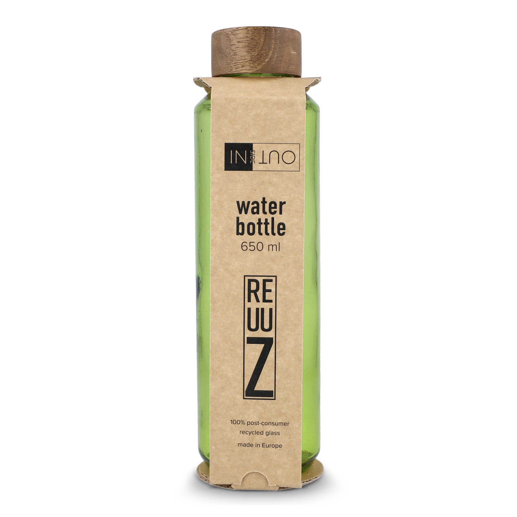 InSideOut Recycelte Glaswasserflasche ReuuZ mit Holzverschluss 650 ml