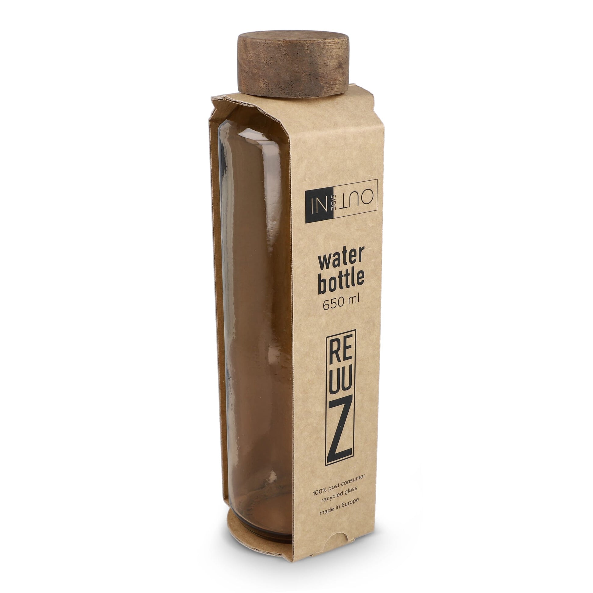 InSideOut Recycelte Glaswasserflasche ReuuZ mit Holzverschluss 650 ml