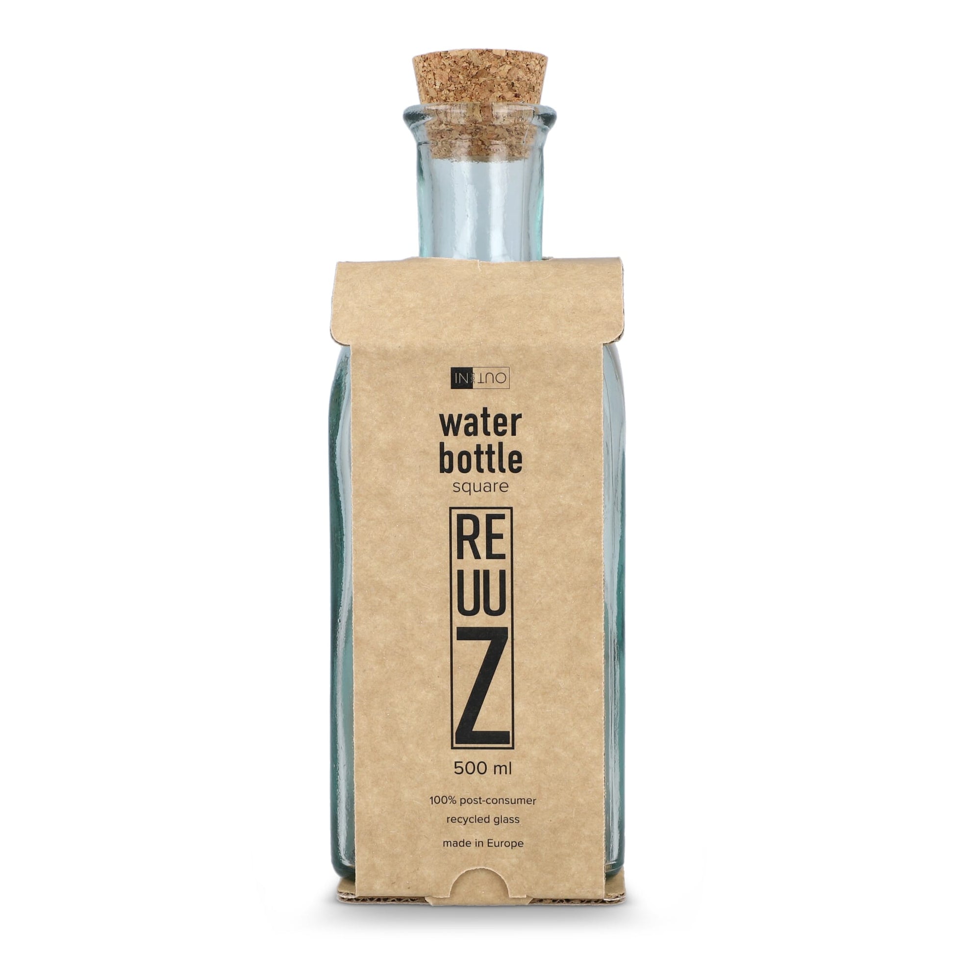 InSideOut Square Recycelte Glaswasserflasche ReuuZ mit Korkverschluss 500ml