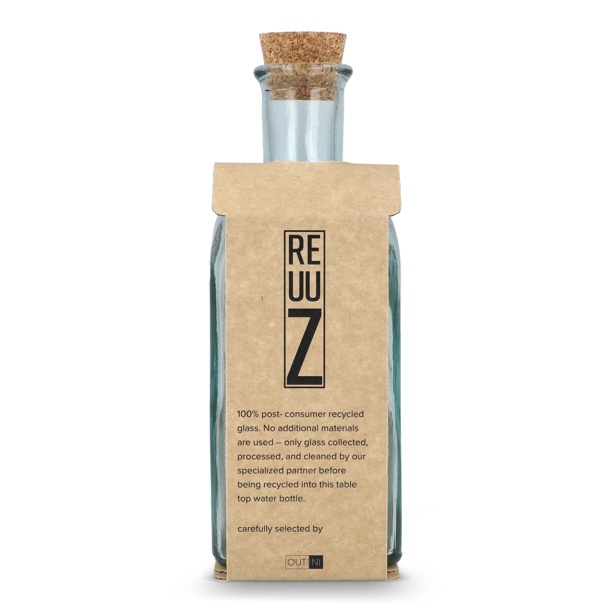 InSideOut Square Recycelte Glaswasserflasche ReuuZ mit Korkverschluss 500ml