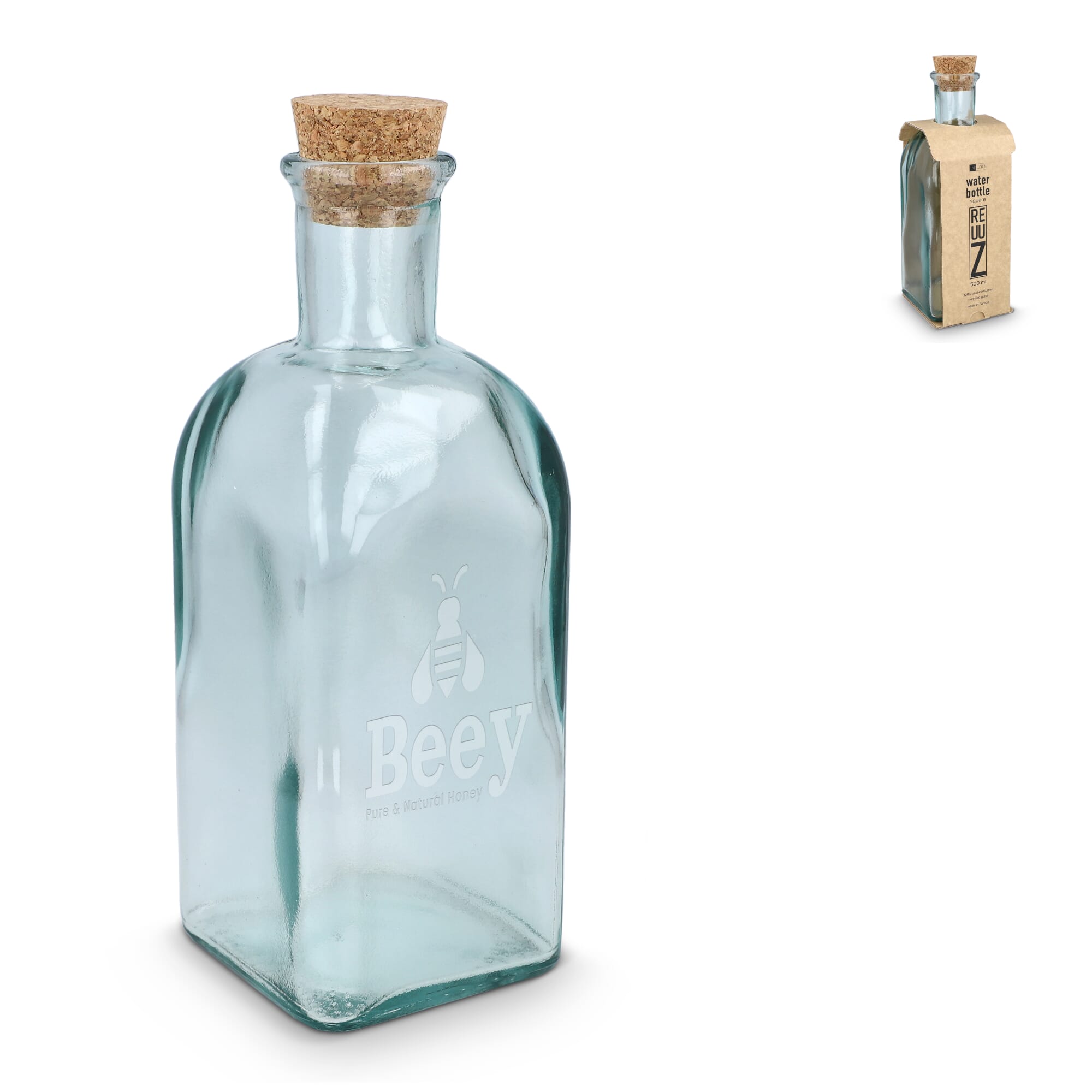 InSideOut Square Recycelte Glaswasserflasche ReuuZ mit Korkverschluss 500ml