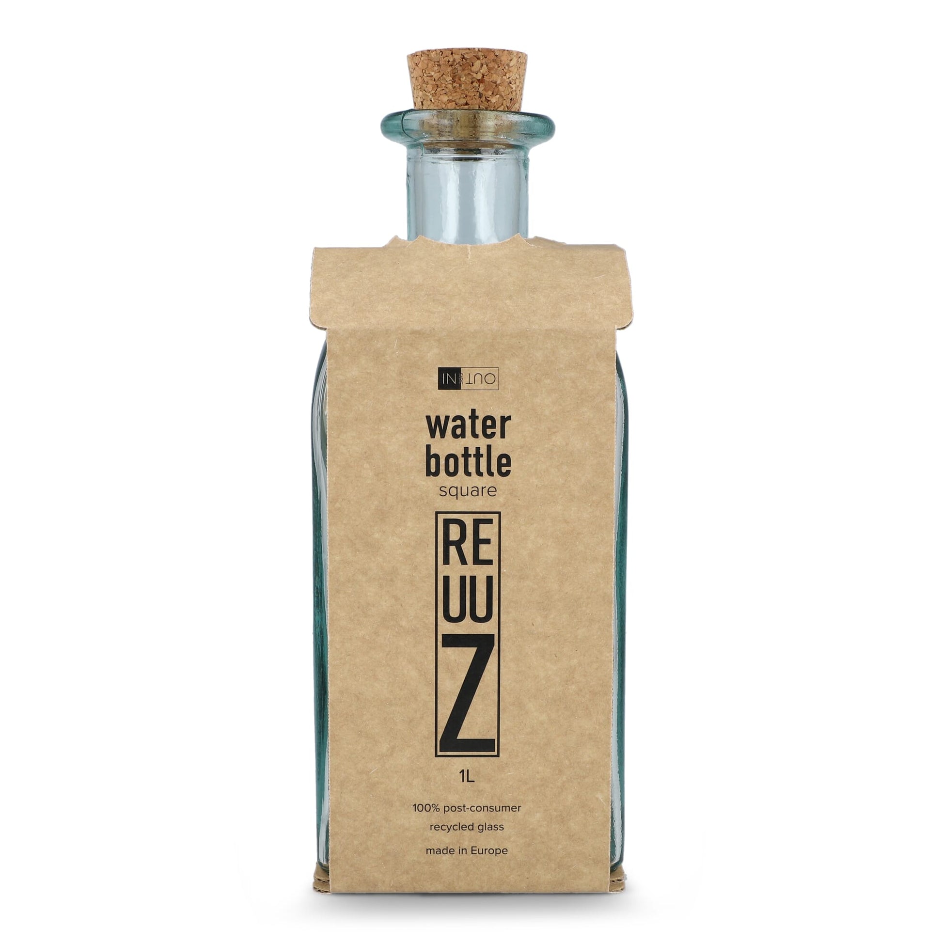 InSideOut Square Recycelte Glaswasserflasche ReuuZ mit Korkverschluss 1 l