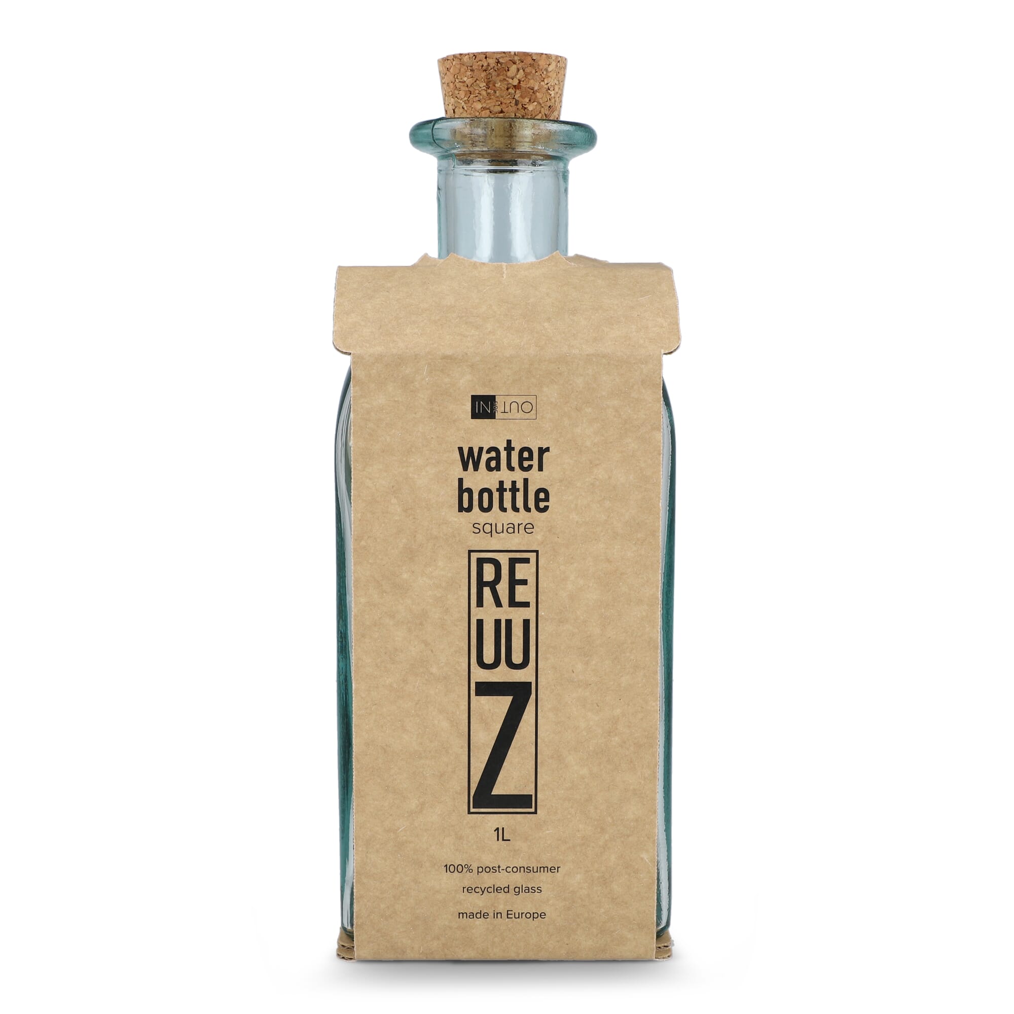 InSideOut Square Recycelte Glaswasserflasche ReuuZ mit Korkverschluss 1 l
