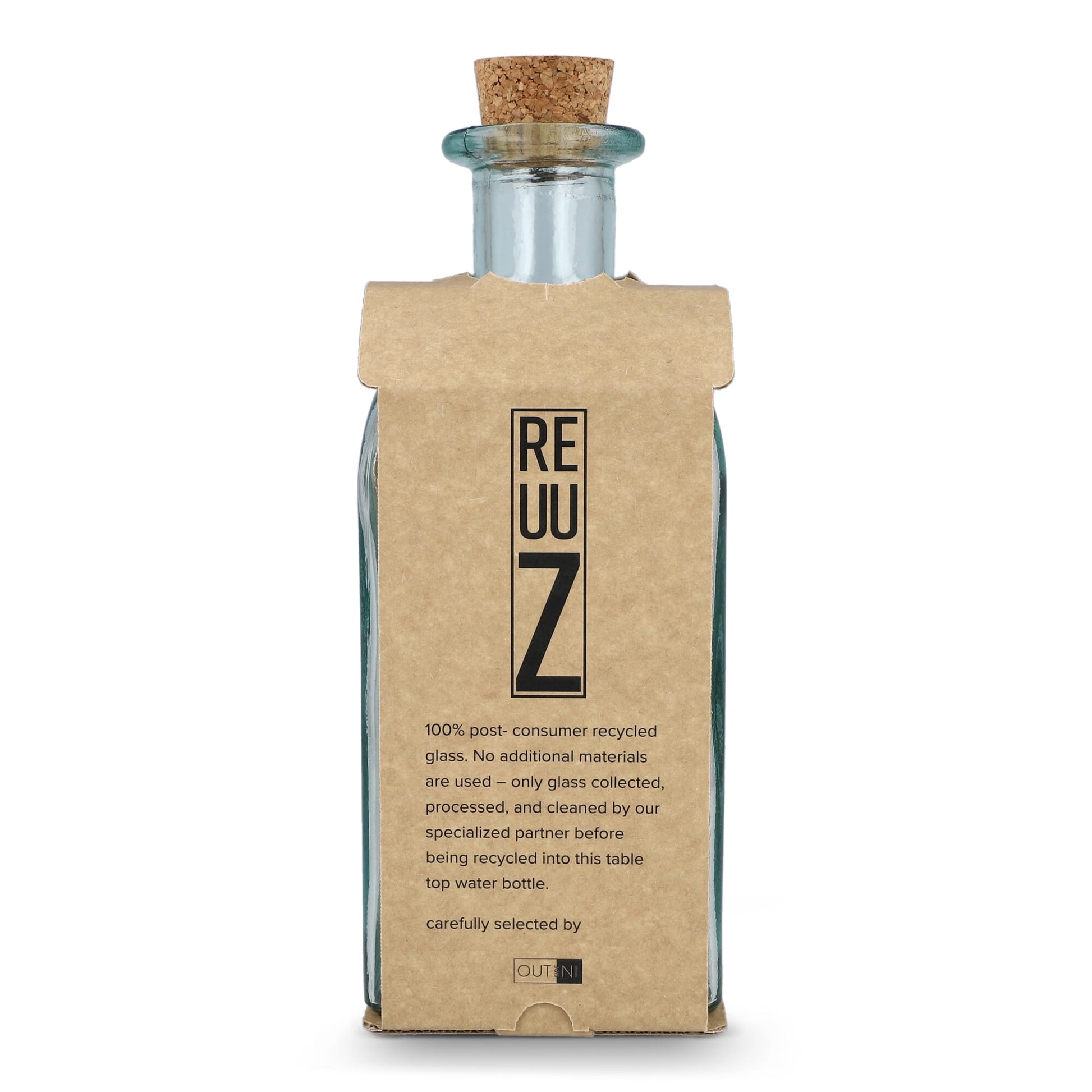 InSideOut Square Recycelte Glaswasserflasche ReuuZ mit Korkverschluss 1 l