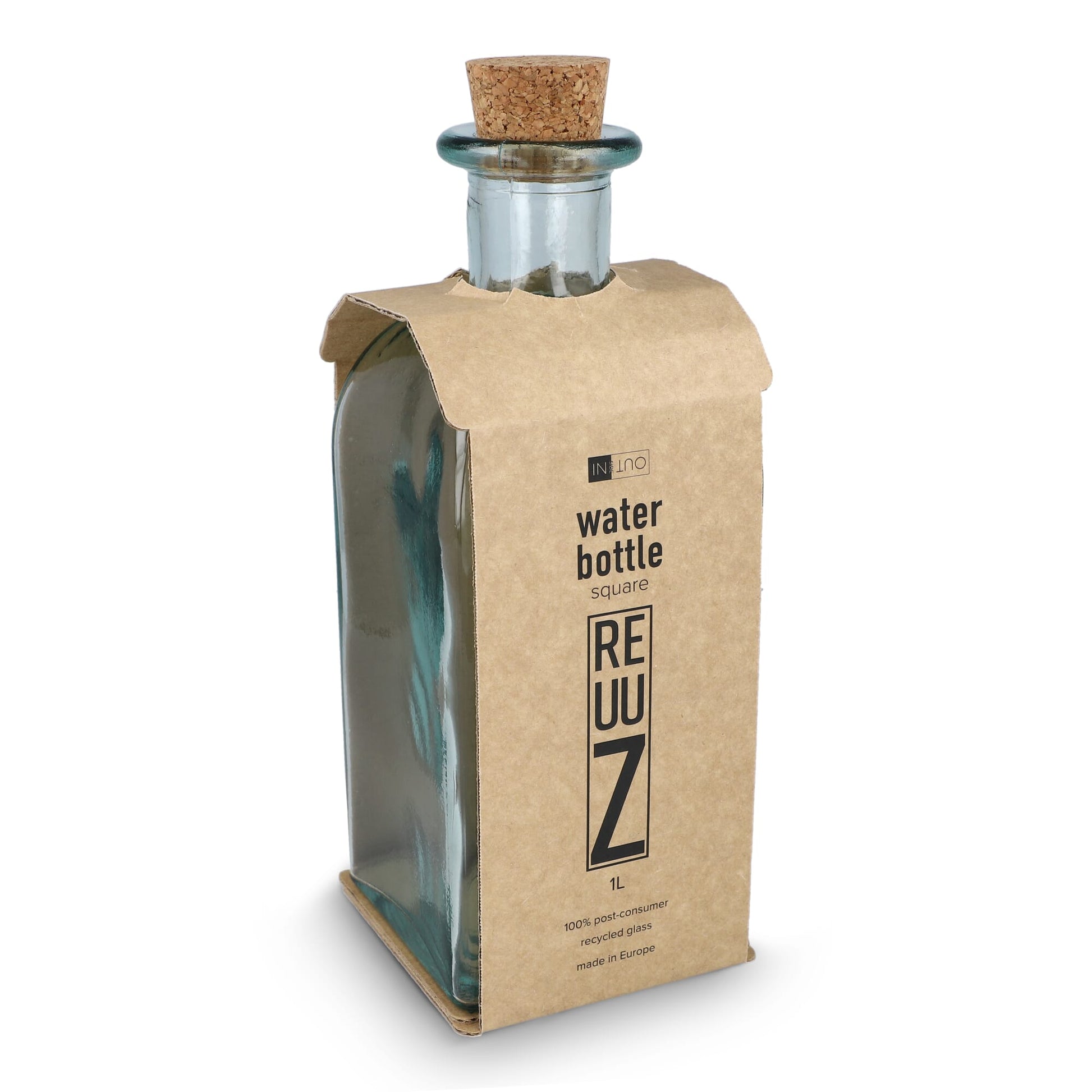 InSideOut Square Recycelte Glaswasserflasche ReuuZ mit Korkverschluss 1 l