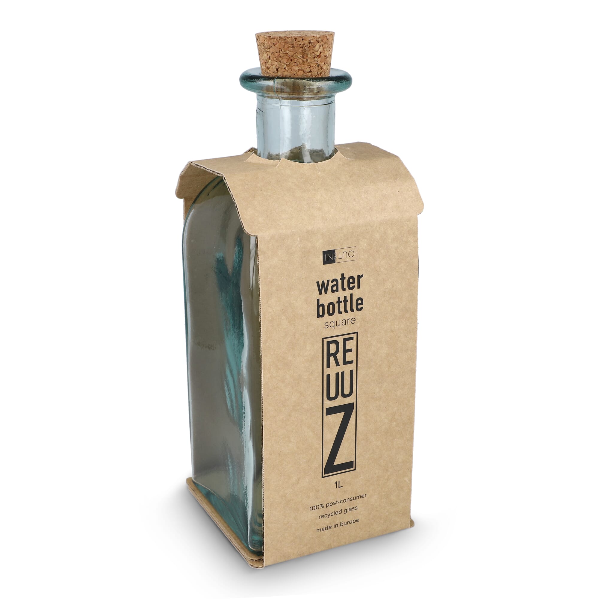 InSideOut Square Recycelte Glaswasserflasche ReuuZ mit Korkverschluss 1 l