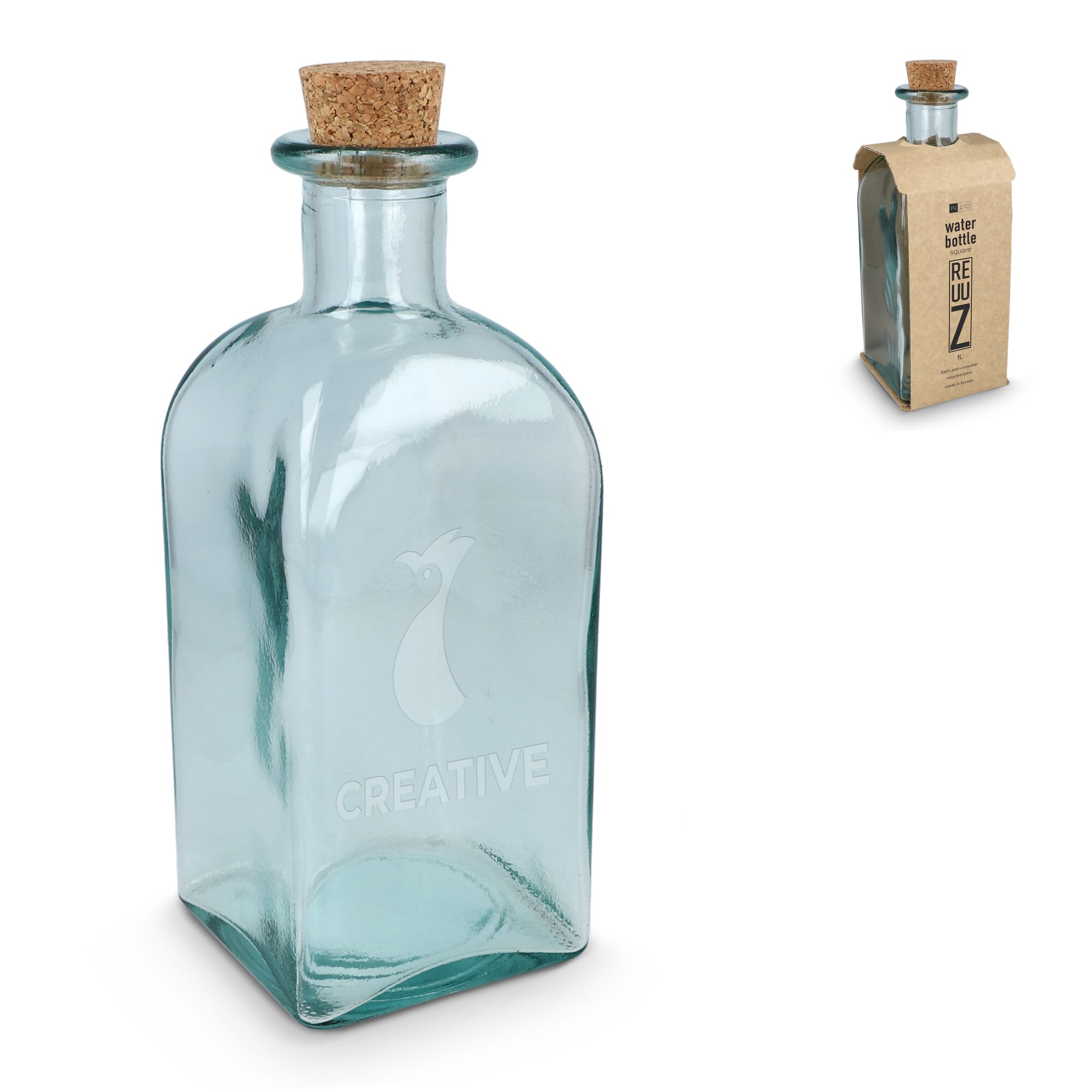 InSideOut Square Recycelte Glaswasserflasche ReuuZ mit Korkverschluss 1 l