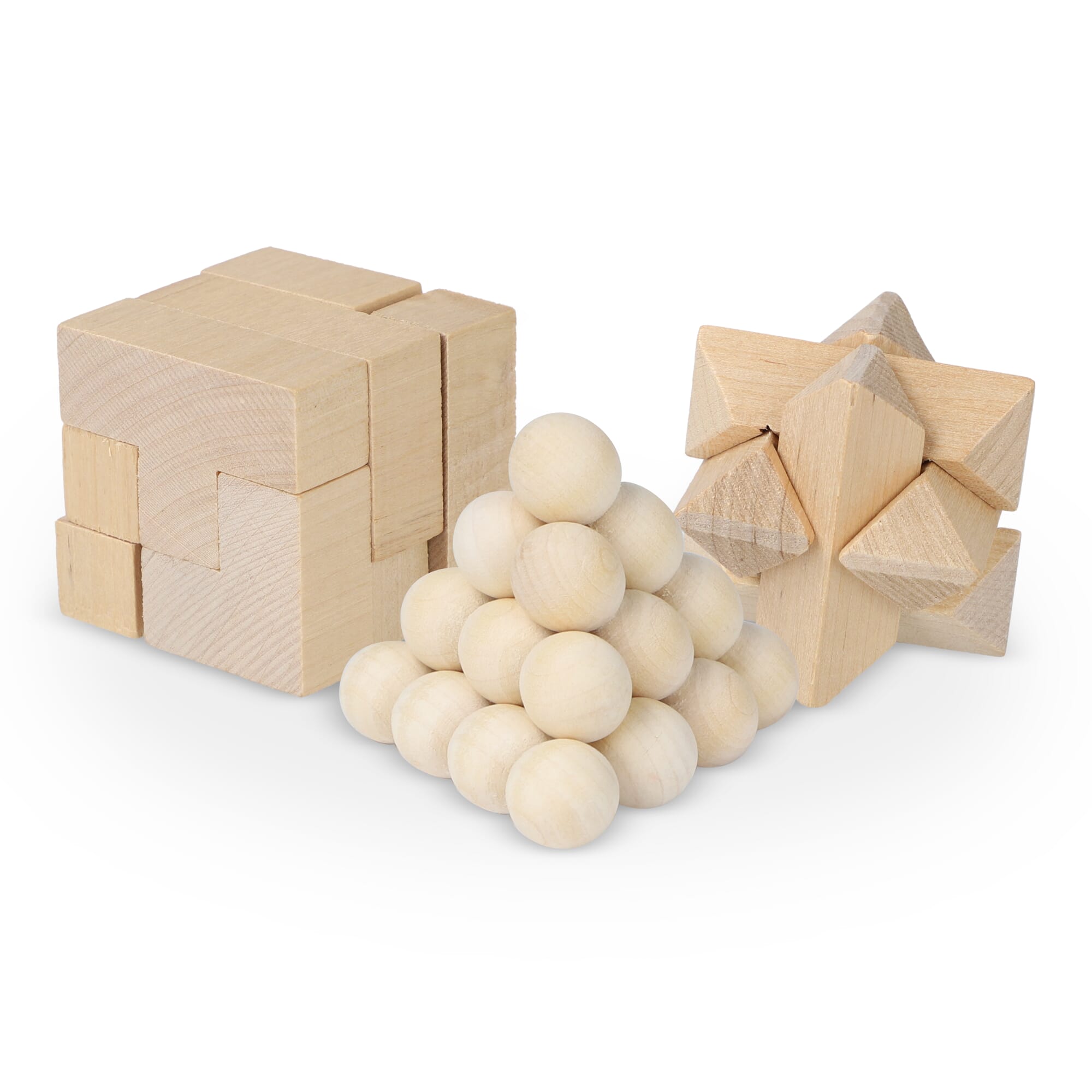 Dieses nachhaltige Set enthält drei spannende Denkspiele: ein Sternenpuzzle, ein Pyramidenpuzzle und ein 3D-Würfelpuzzle, die alle aus FSC-Holz gefertigt sind. Sie sind in einer FSC-Holzbox
