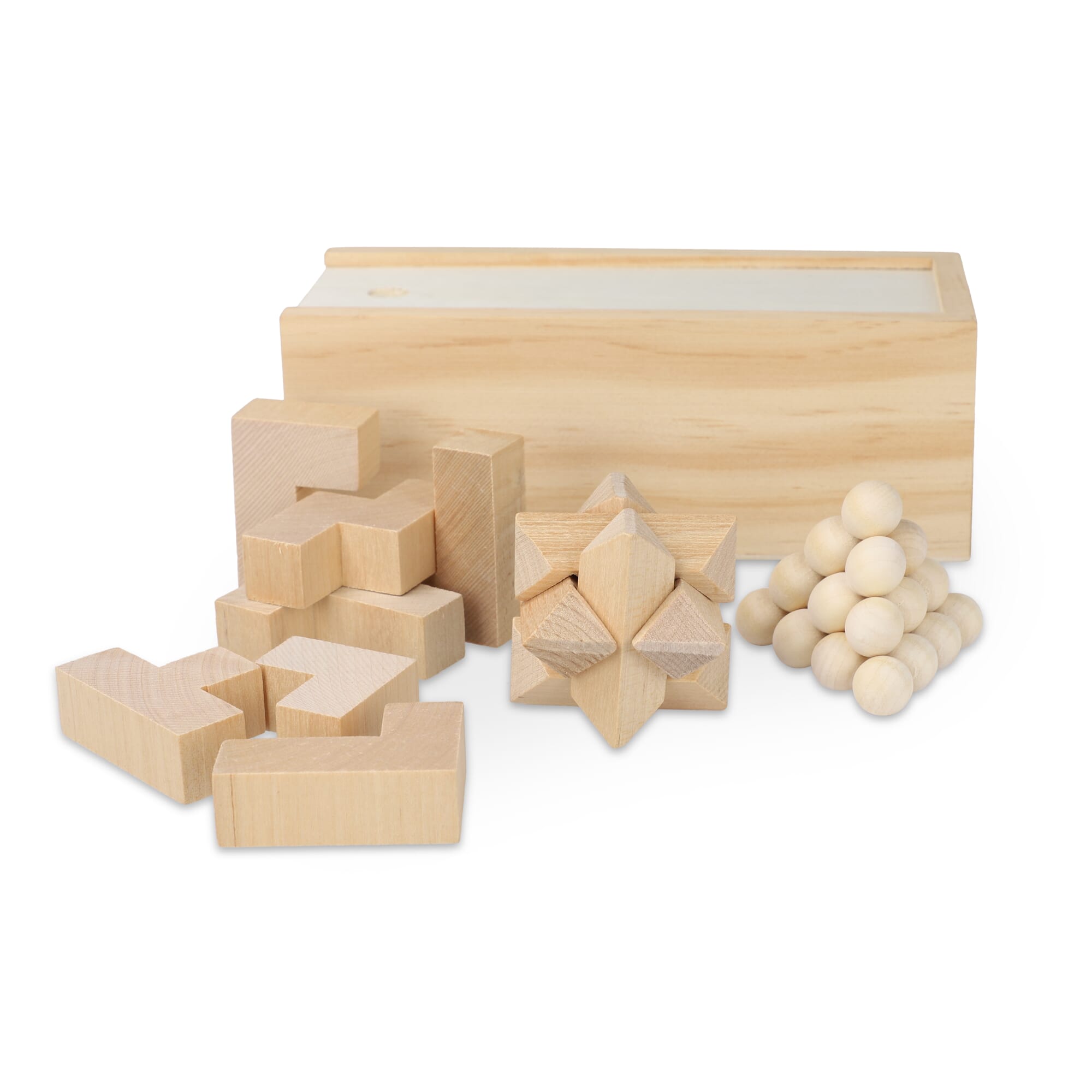 Dieses nachhaltige Set enthält drei spannende Denkspiele: ein Sternenpuzzle, ein Pyramidenpuzzle und ein 3D-Würfelpuzzle, die alle aus FSC-Holz gefertigt sind. Sie sind in einer FSC-Holzbox
