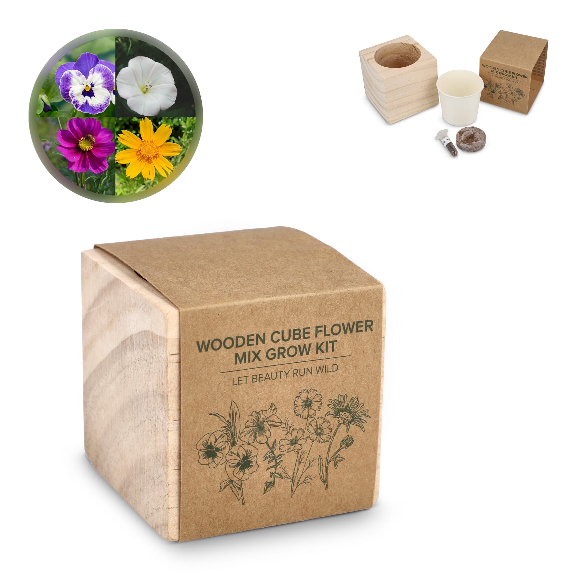 FSC-Holzpflanzgefäß-Set – Blumenmischung