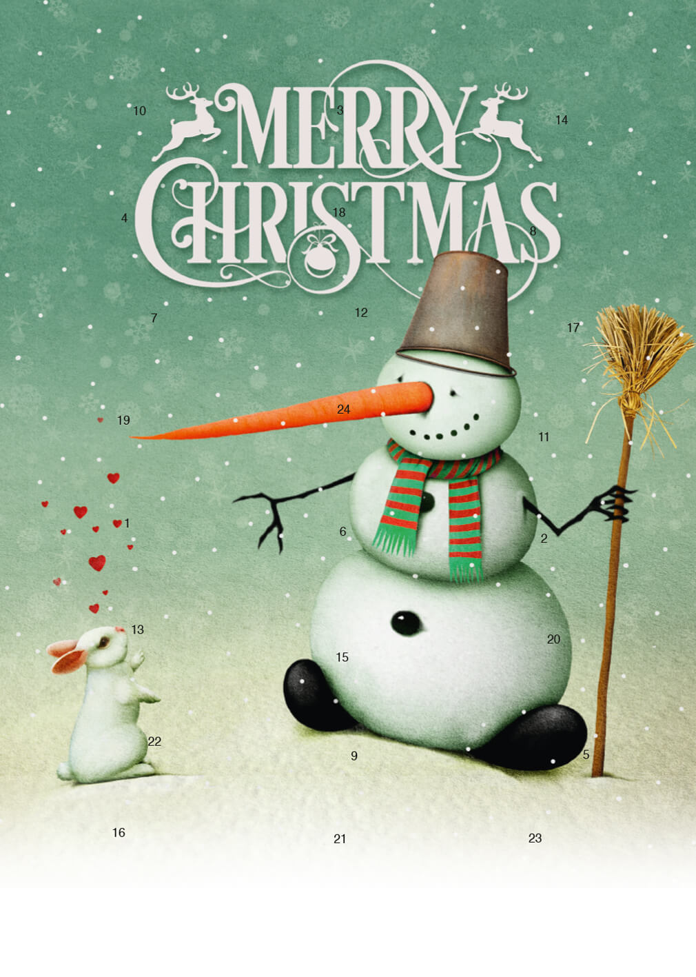 Classic Wand-/Tisch-Adventskalender – personalisierbares STANDARDMOTIV – M075 Schneemann & Häschen
