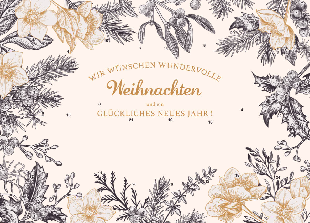 Werbeeinleger Adventskalender - personalisierbares STANDARDMOTIV – M091 Christrosen Gold/Schwarz