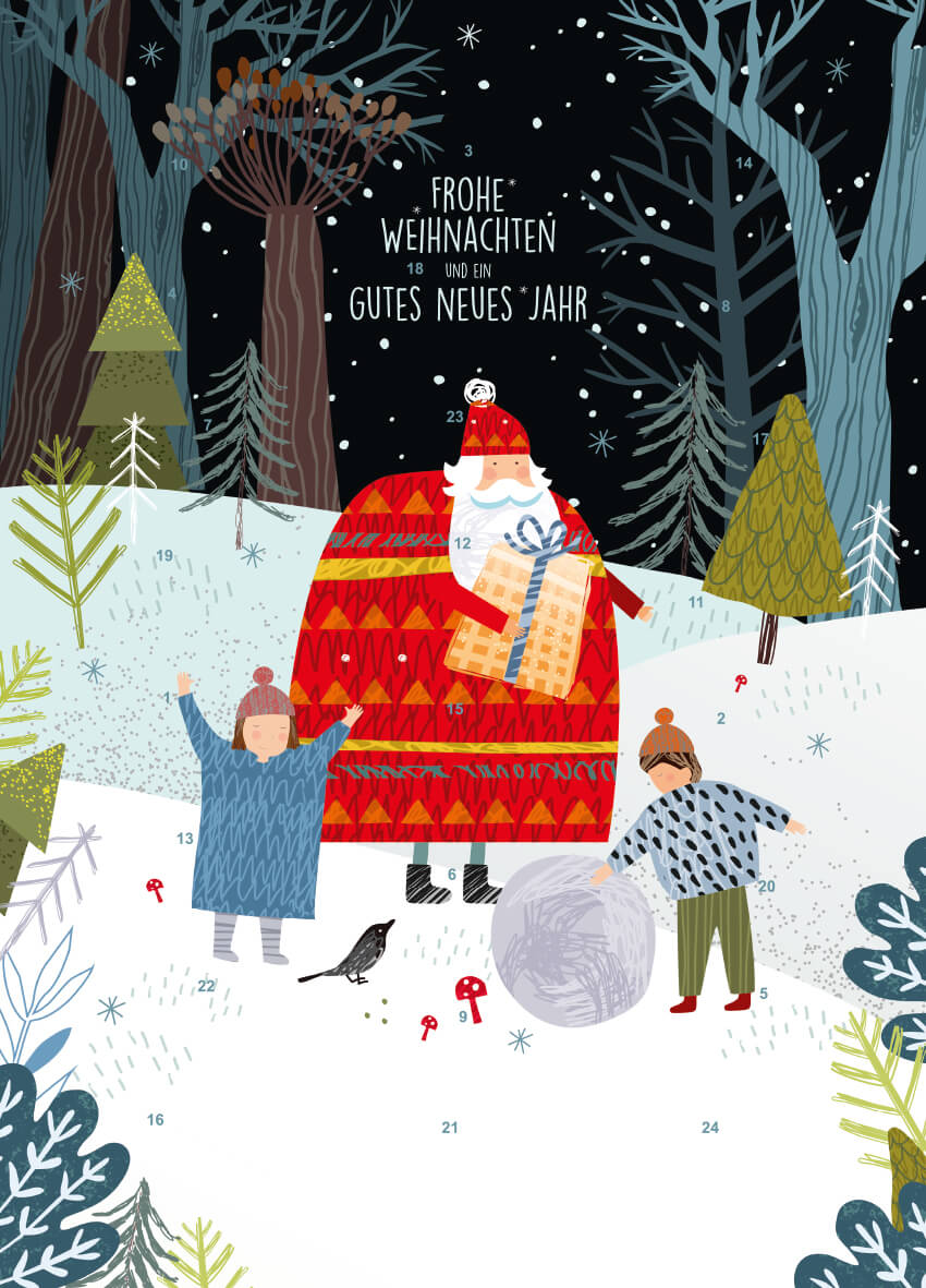 Classic Wand-/Tisch-Adventskalender – personalisierbares STANDARDMOTIV – M092 Santa & Kinder