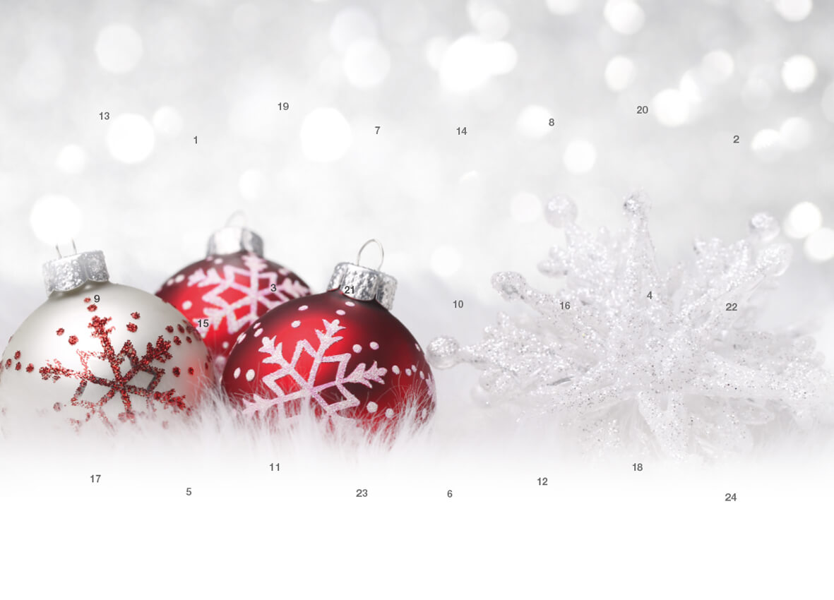 reinpapier® A5-Adventskalender – personalisierbares STANDARDMOTIV – M094 Weihnachtskugeln Rot/Weiß