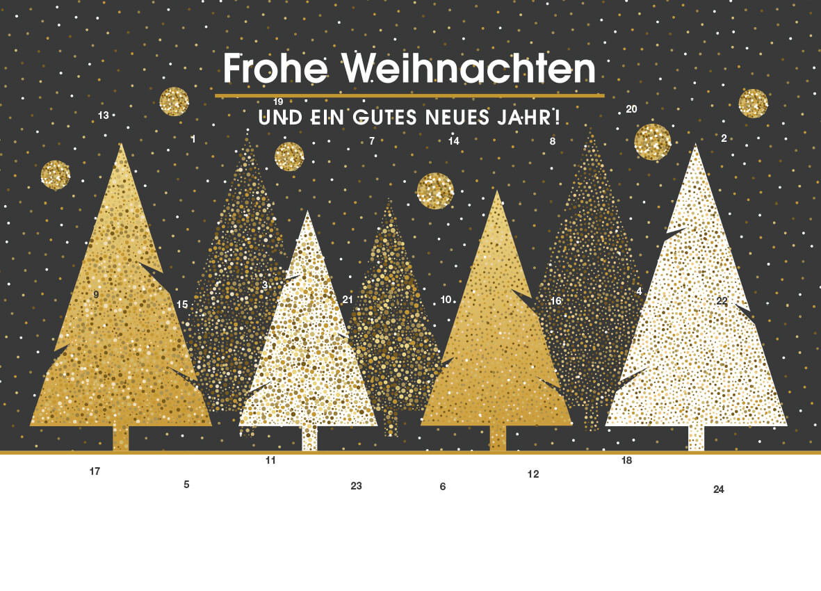 reinpapier® A5-Adventskalender – personalisierbares STANDARDMOTIV – M095 Tannen Gold/Weiß