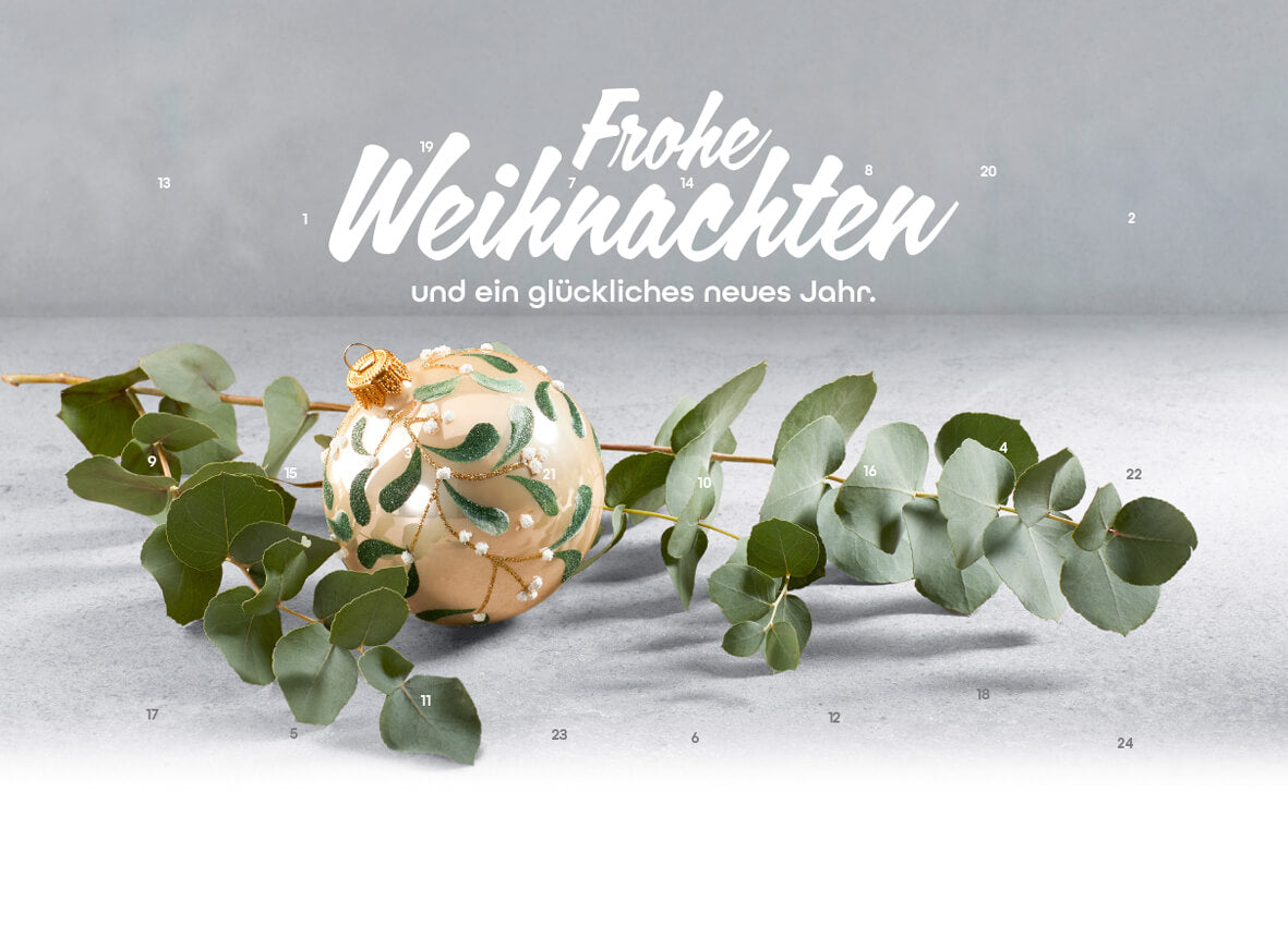 A5-Adventskalender – personalisierbares STANDARDMOTIV – M105 Eukalyptus & Kugel
