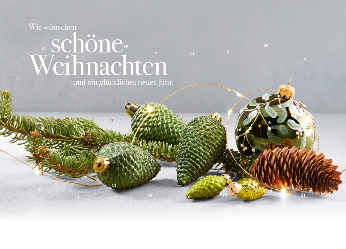 Werbeeinleger Adventskalender - personalisierbares STANDARDMOTIV – M106 Deko grüne Zapfen
