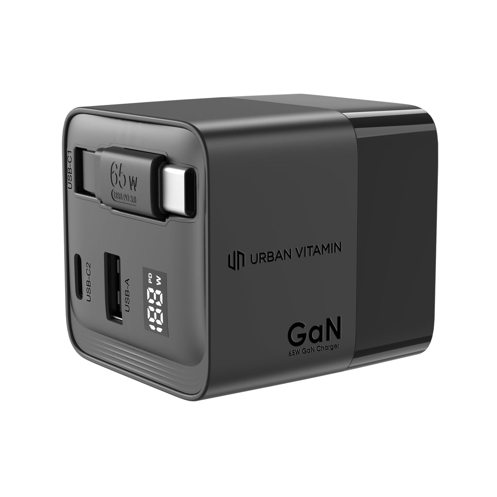 Urban Vitamin Mendocino 65W GaN-Charger mit einziehb. Kabel als Werbeartikel mit Logo