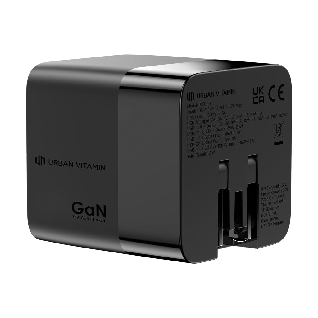 Urban Vitamin Mendocino 65W GaN-Charger mit einziehb. Kabel als Werbeartikel mit Logo