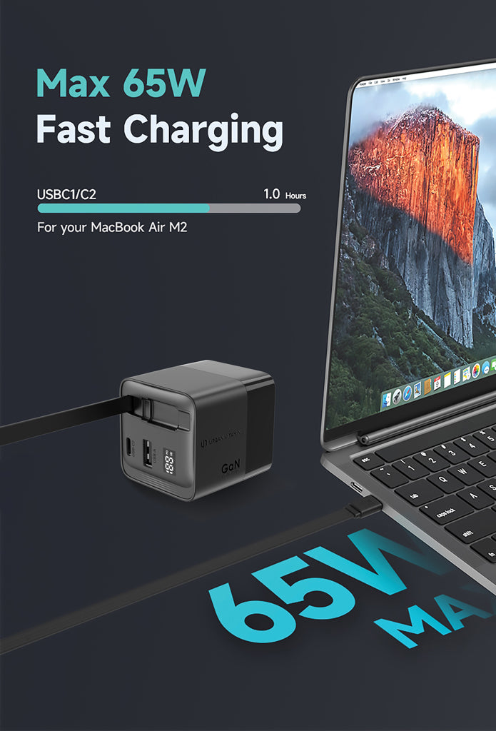 Urban Vitamin Mendocino 65W GaN-Charger mit einziehb. Kabel als Werbeartikel mit Logo