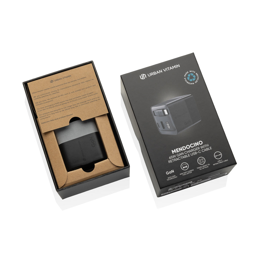Urban Vitamin Mendocino 65W GaN-Charger mit einziehb. Kabel als Werbeartikel mit Logo