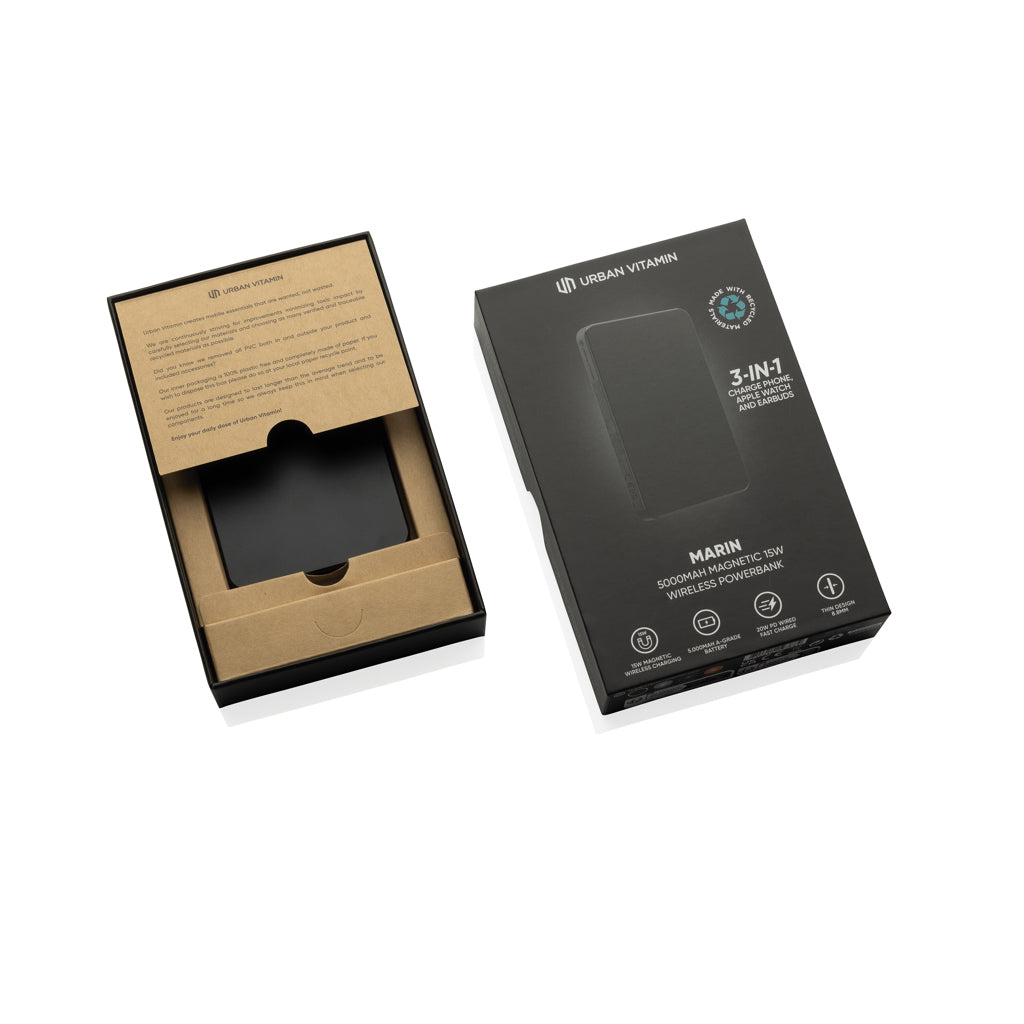 Urban Vitamin Marin 5.000mAh magnet. 15W Wireless Powerbank als Werbeartikel mit Logo